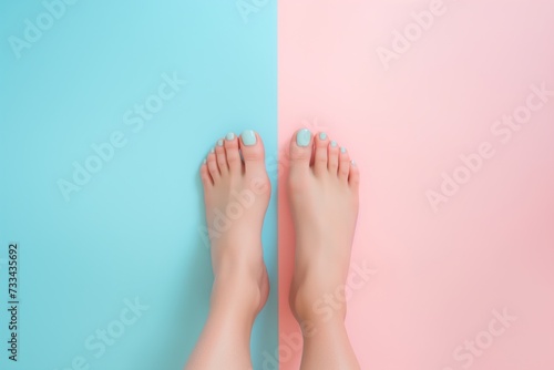Top view of womans feet with perfect pedicure and blue nails over pink and blue background © Darya Lavinskaya