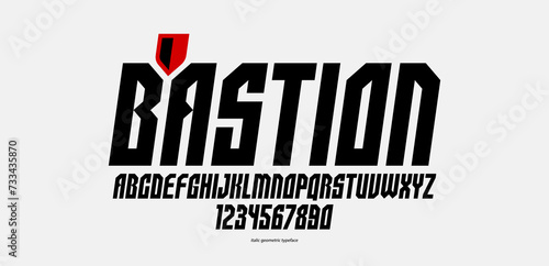 Urban italic massive geometric font for logos and emblems, minimal strong vector typeface, typography with no round elements, only corners and straight lines geometry.