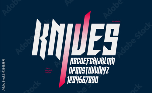 Sharp and bold italic vector display font for logo, gothic or heavy metal style modern typeface, edgy hard rock letters and numbers alphabet for titles or slogans, heavy typography.