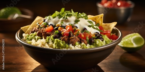Enjoy the Sizzle: Savory Taco Bowl with Guacamole, Freshly Generated by Artificial Intelligence for a Burst of Flavor and Heat!