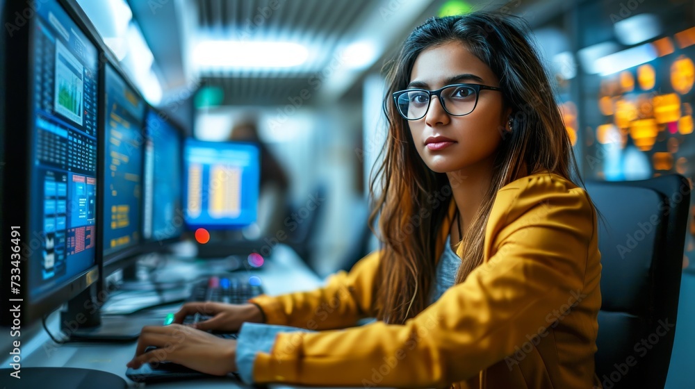 Focused Support: Diligent Indian Woman Managing Tasks in Call Center Hub generative ai Focused Support: Diligent Indian Woman Managing Tasks in Call Center Hub generative ai