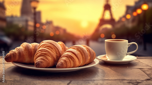 cup of coffee and croissant eiffel tower