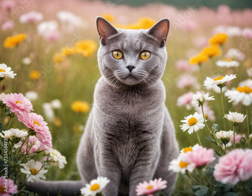 British Shorthair Cat Sitting In A Field Of Flowers