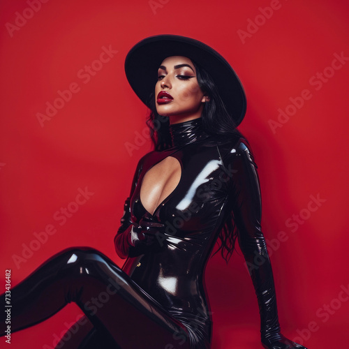 Portrait of a brunette, passionate and bold dominant woman in a black latex suit and a hat headdress on a red background