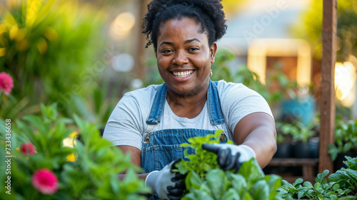 African-American woman with a beautiful and radiant smile working in a greenhouse. Sustainable gardening.