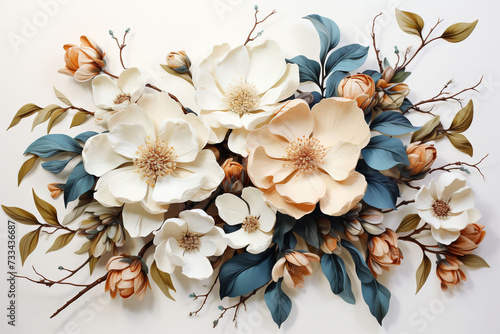 An artistic arrangement of white and cream flowers with teal and brown leaves against a white backdrop. conveys elegance and could be used in floral design or wedding decor themes.