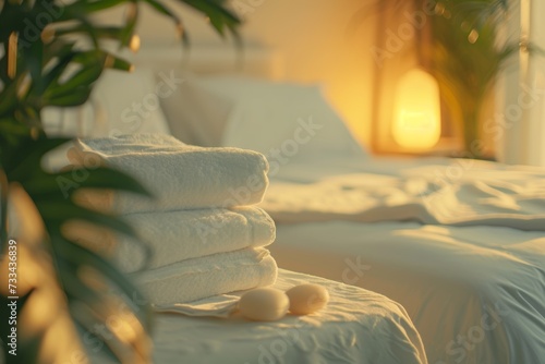 A warmly lit, cozy bedroom with white towels and a touch of nature. photo