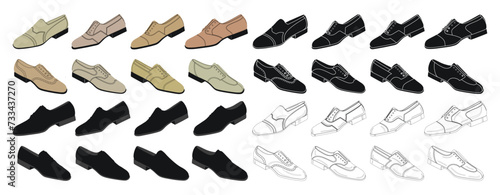 Collection of classic low shoes for men, guys, boys, isolated vector photo