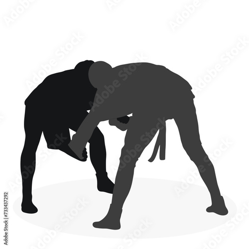 Image of silhouettes sambo athletes in sambo wrestling, combat sambo, duel, fight, fistfight, struggle, tussle, brawl, jiu jitsu. Martial art, sportsmanship