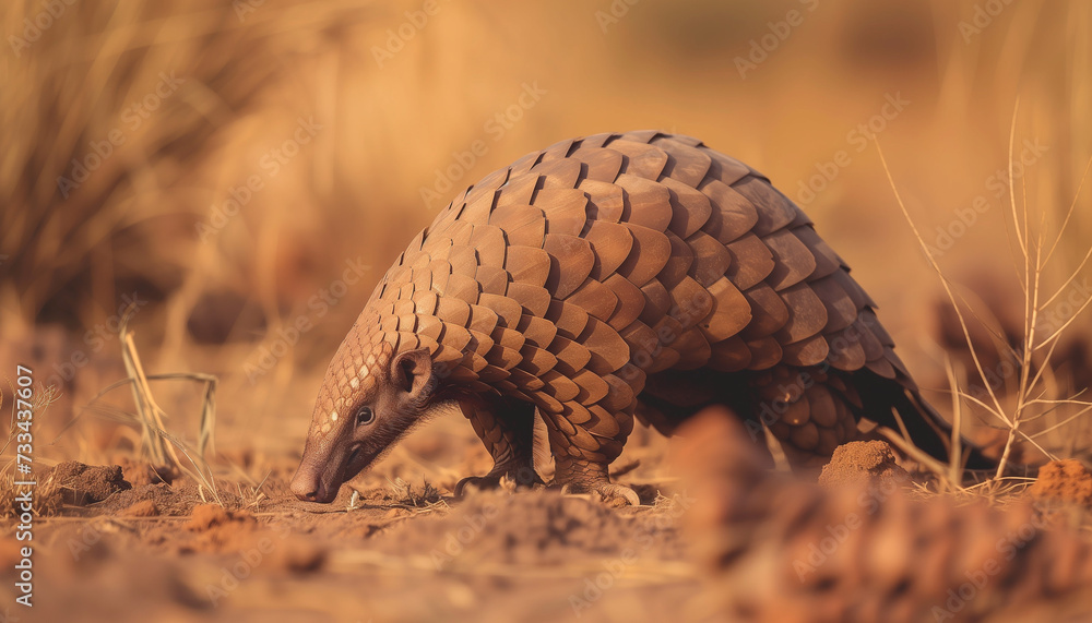A pangolin, covered in a unique armor of overlapping scales, forages on the ground amidst dry grass in the warm, golden light of dusk A pangolin, covered in a unique armor of overlapping scales, forages on the ground amidst dry grass in the warm, golden light of dusk
