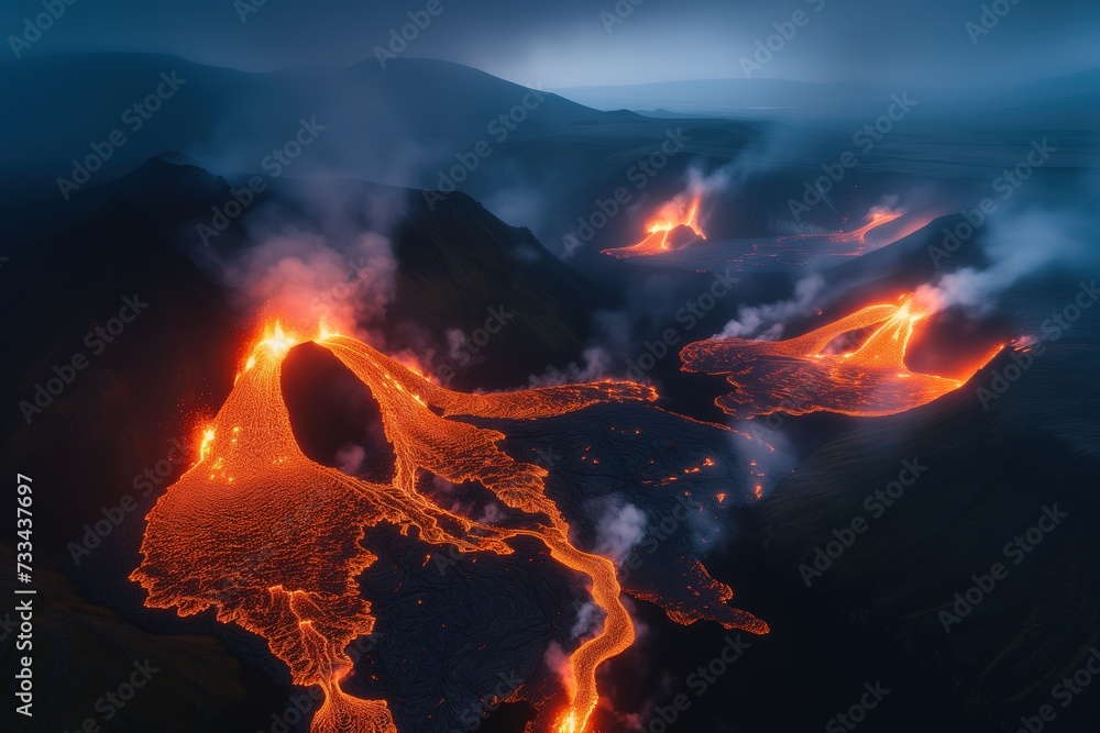 Drone shot of spectacular night landscape of some erupting volcano in Iceland with fiery lava flows illuminate the dark landscape