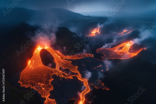 Drone shot of spectacular night landscape of some erupting volcano in Iceland with fiery lava flows illuminate the dark landscape