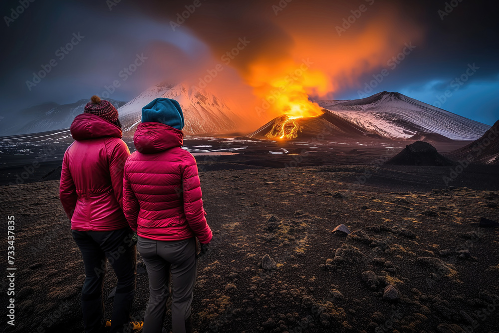 Two female tourists with their backs turned in mountain clothing witness a distant volcanic eruption in an Icelandic wilderness setting under a dramatic twilight sky
