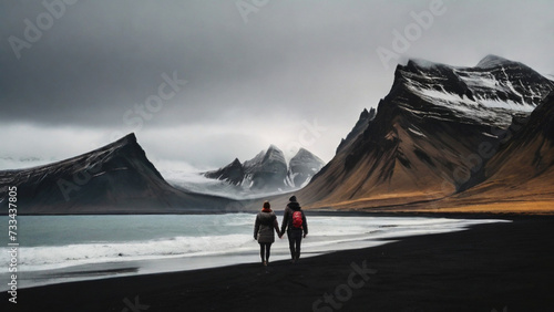 A traveling couple enjoys incredible view of the high massive mountains range.