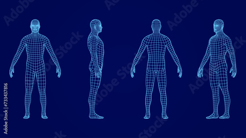 Three-dimensional human model in blue wireframe from different angles