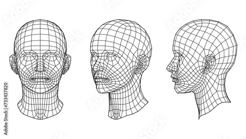 Three-dimensional human head model in black wireframe from different angles