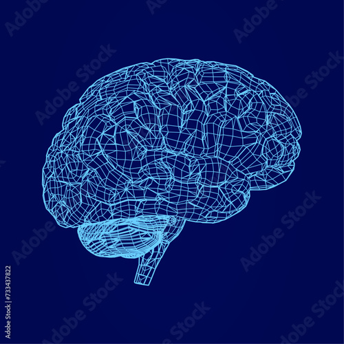 Human brain in futuristic blue wireframe hologram style 