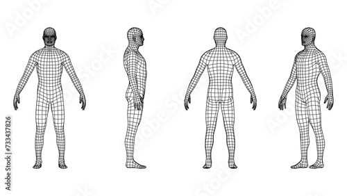 Three-dimensional human model in black wireframe from different angles
