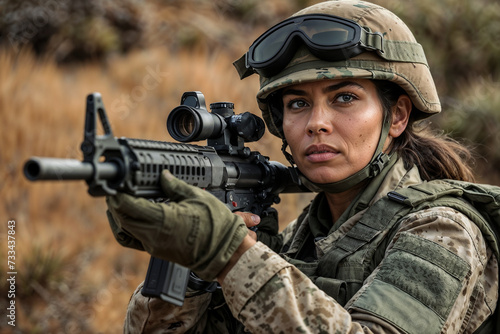 Mujer militar con ropa de camuflaje sosteniendo un fusil