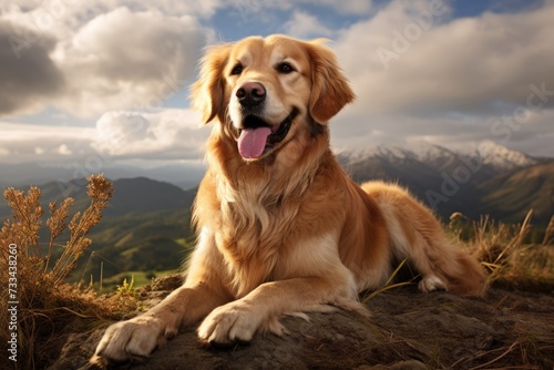 Golden retriever dog sitting on ground on mountains