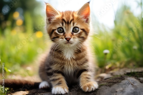 Cute kitten sitting outdoors staring at camera