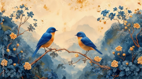 Obraz przedstawiający dwie ptaki siedzące na gałązce drzewa w złoto niebieskich barwach © Artur
