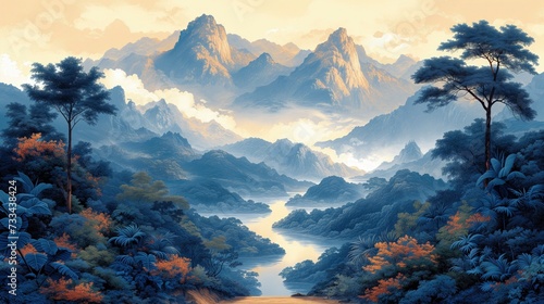 Fototapeta góra panoramiczny sztuka woda pejzaż