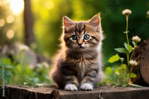 Cute kitten sitting outdoors staring at camera
