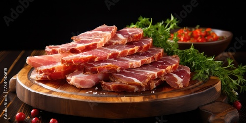 Yummy slices of bacon on a wooden board! Some raw, some salty. Sprinkle with spices, salt, and herbs. Ready to cook with veggies or eat as is
