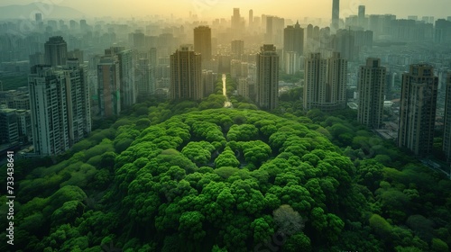 Minimalistyczne lotnicze zdjęcie przedstawiające surrealny park w środku z koniczyną na szczęście w środku miasta  z wysokimi budynkami.