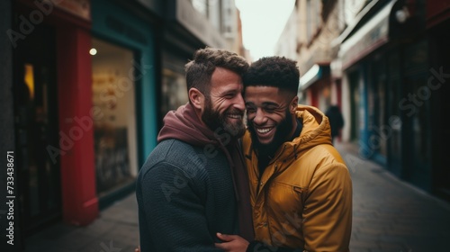 happy gay couple spending time together in city center