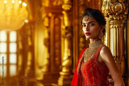 Elegant Opulence: Indian Beauty Dazzles in Red and Gold Dress, Captured in Premium Photography for Luxury Product Design generative ai © RamvijayB