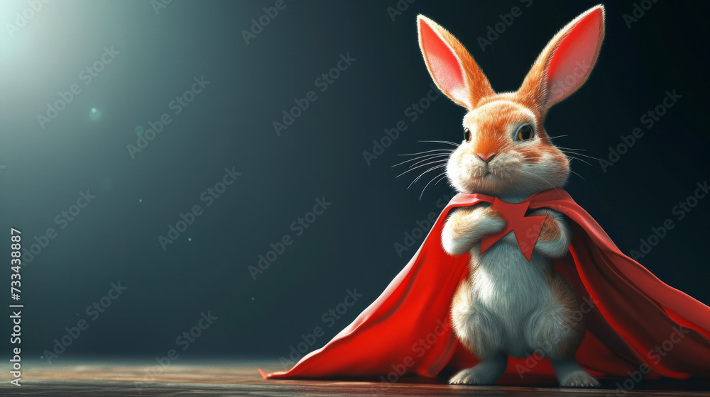 The rabbit in a superhero costume. easter bunny. Superhero bunny, creative picture of cute animal wearing cape jumping and flying. Leader, funny animals studio shot - obrazy, fototapety, plakaty 
