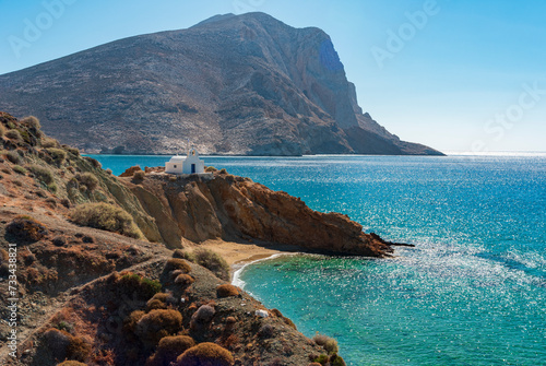 Agioi Anargyroi beach and church in Anafi, Cyclades islands archipelago GR