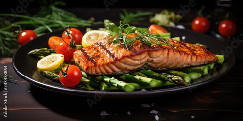Yummy! Grilled salmon with green asparagus and red tomatoes. Salmon is pink and flaky. Asparagus are long and green. Tomatoes are juicy and red. Healthy dinner