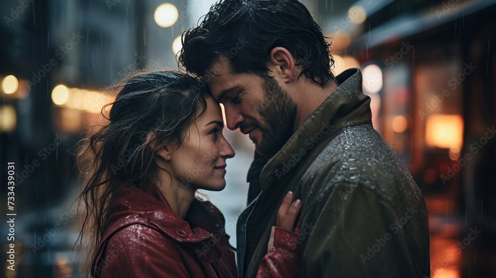 Couple in love in the rain on a blurred background. Photo in cinematic style. Generated by artificial intelligence