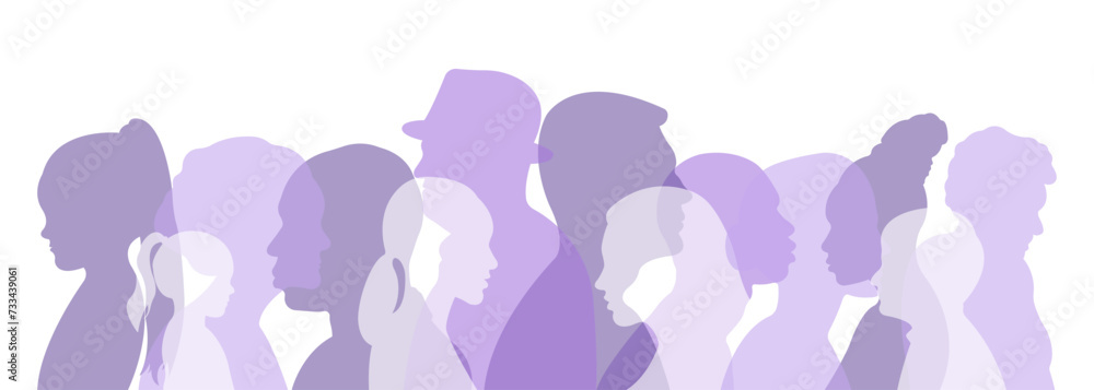 Silhouettes of a group of people.Silhouettes of men and women of different nationalities standing side by side.Vector illustration.