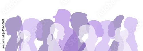  Silhouettes of a group of people.Silhouettes of men and women of different nationalities standing side by side.Vector illustration.