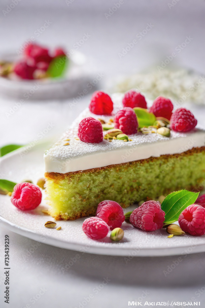 Gateau à la pistache et framboises, part de gateau Gateau à la pistache et framboises, part de gateau