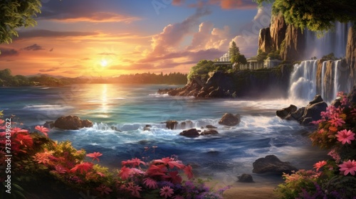 Idyllic sunset landscape with waterfalls and ocean. Nature beauty and tranquility