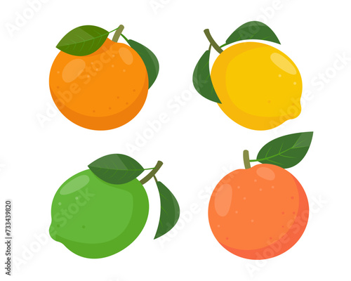 Set of citrus fruits icons. Fresh whole orange, lemon, lime and grapefruit with leaves. Organic fruits for juice, smoothie or vitamin C healthy food. Vector illustration isolated on white background.