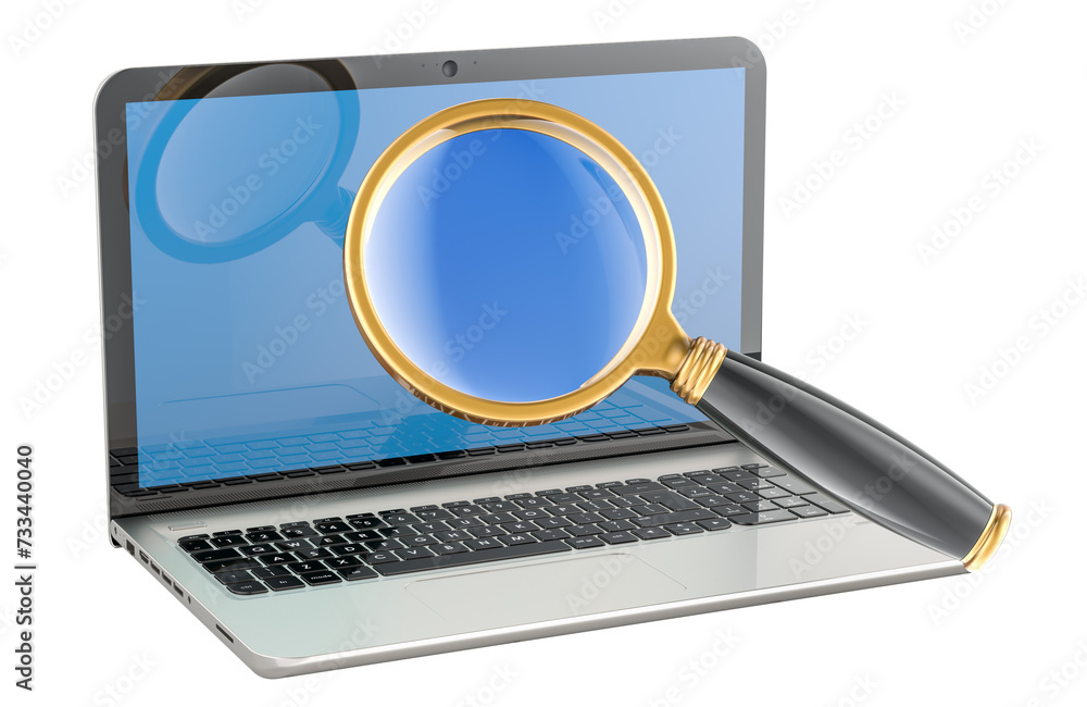 Laptop with magnifier glass, 3D rendering isolated on transparent background Laptop with magnifier glass, 3D rendering isolated on transparent background