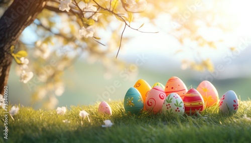 Various Colorful Easter Golden eggs and spring flowers on white background © GenerousStudio