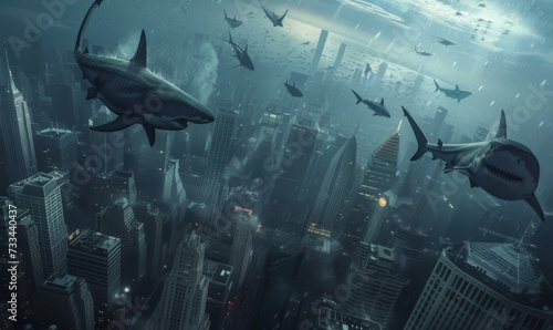 An intriguing illustration depicting sharks navigating through a bustling cityscape, blending the surreal with reality, offering a unique perspective on urban life and the natural world