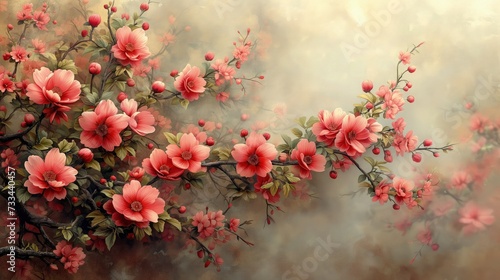 Obraz przedstawia różowe kwiaty na gałązce.