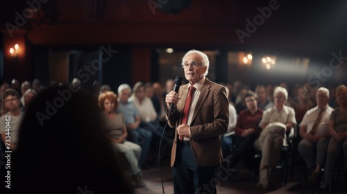 Old senior man speak in microphone on big conference