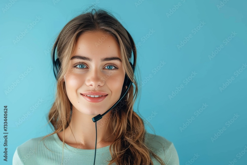 A smiling lady with piercing blue eyes wears a headset as she poses for a portrait photo shoot against a wall, showcasing her flawless skin, long brown hair, and fashion accessories such as a necklac A smiling lady with piercing blue eyes wears a headset as she poses for a portrait photo shoot against a wall, showcasing her flawless skin, long brown hair, and fashion accessories such as a necklac