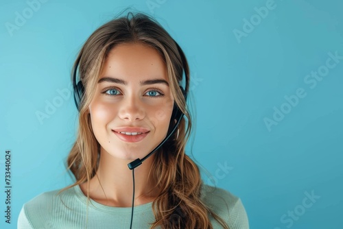 A smiling lady with piercing blue eyes wears a headset as she poses for a portrait photo shoot against a wall, showcasing her flawless skin, long brown hair, and fashion accessories such as a necklac photo