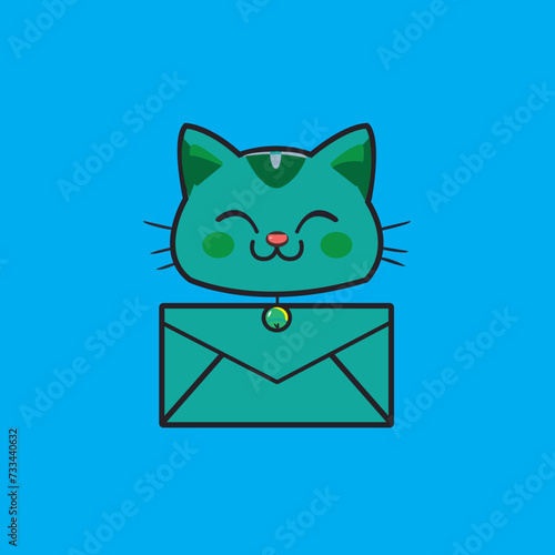 flat logo of chibi cat isolated on a blue  lucky envelope background