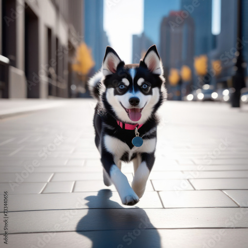 Alaskan klee kai running in the city sidewalk. Front view   shot  from low angle.  Dog rinning to the camera. Generative AI. 